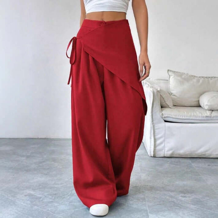 Irregular Design Trousers Casual Wide-leg Pants in red with wrap style, perfect for stylish casual outfits.