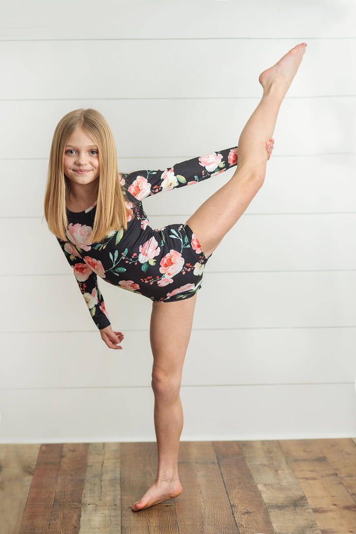 Kids Black Floral Dance Gymnastics Ballet Leotard