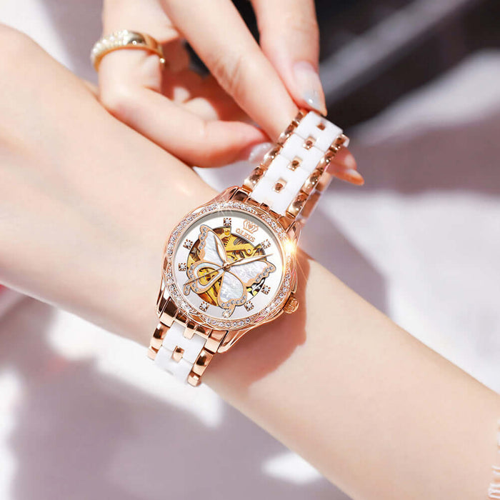 Ladies Automatic Mechanical Watch Gift Box Set worn on a wrist with a detailed butterfly design and sparkling embellishments.