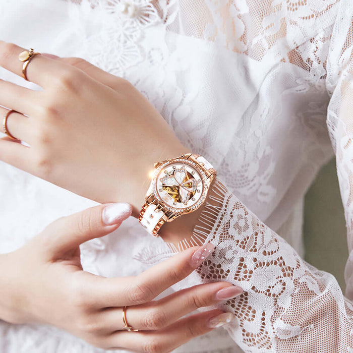 Ladies Automatic Mechanical Watch Gift Box Set worn on a hand with ornate lace blouse, showcasing elegant design and luxury.