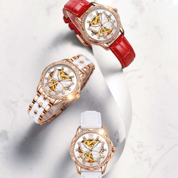 Ladies Automatic Mechanical Watch Gift Box Set featuring elegant designs with red and white straps.