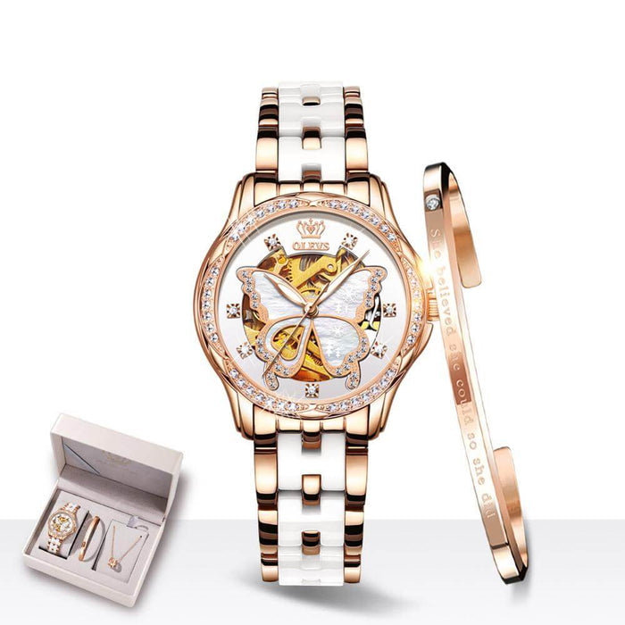 Ladies Automatic Mechanical Watch Gift Box Set featuring a butterfly design and a matching bracelet.