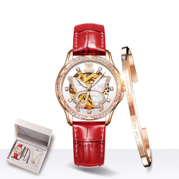 Ladies Automatic Mechanical Watch Gift Box Set with red leather strap and butterfly design, includes gift box.