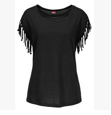 Ladies Europe America Big Size Tassel T-Shirt high premium chic colorway flat display showcasing modern layout aesthetics