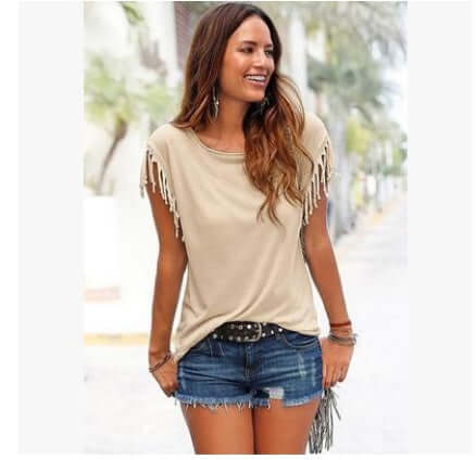 Ladies Europe America Big Size Tassel T-Shirt elegant casual silhouette top arranged inside a pristine e-commerce store catalog