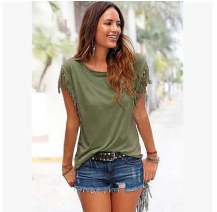 Ladies Europe America Big Size Tassel T-Shirt delicate soft imitation cotton weave closeup view highlighting breathable material traits