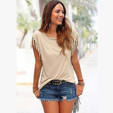 Ladies Europe America Big Size Tassel T-Shirt beautiful hanging short sleeve layout emphasizing loose draping motion