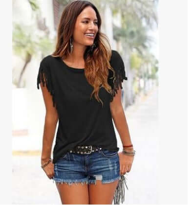 Ladies Europe America Big Size Tassel T-Shirt unique stylish fringe tassel ornaments stitched neatly along sleeve cuff borders