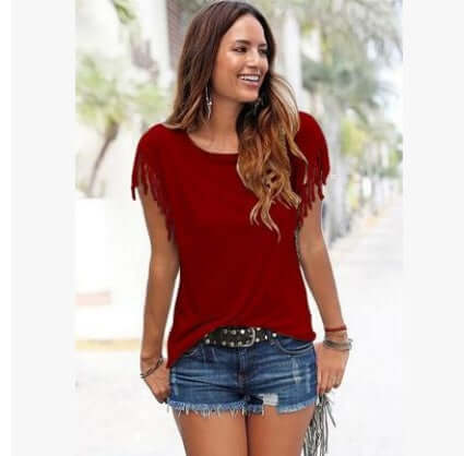 Ladies Europe America Big Size Tassel T-Shirt classic round neck collar construction crafted for perfect comfortable neckline styling