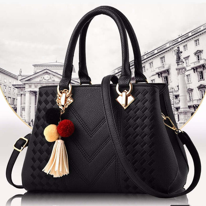 Ladies Luxury Crossbody Handbag front view in black.