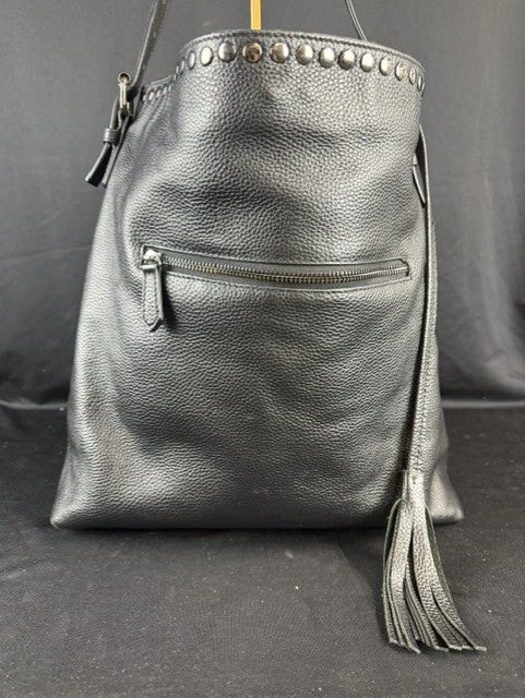 LAGGO Black soft pebble leather hobo shoulder bag with silver color studs