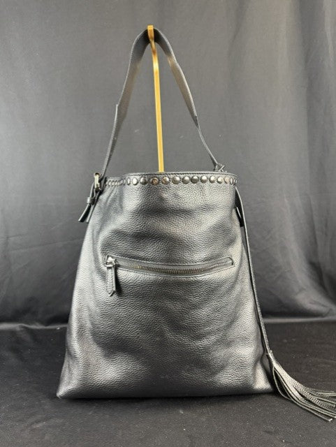 LAGGO Black soft pebble leather hobo shoulder bag with silver color studs