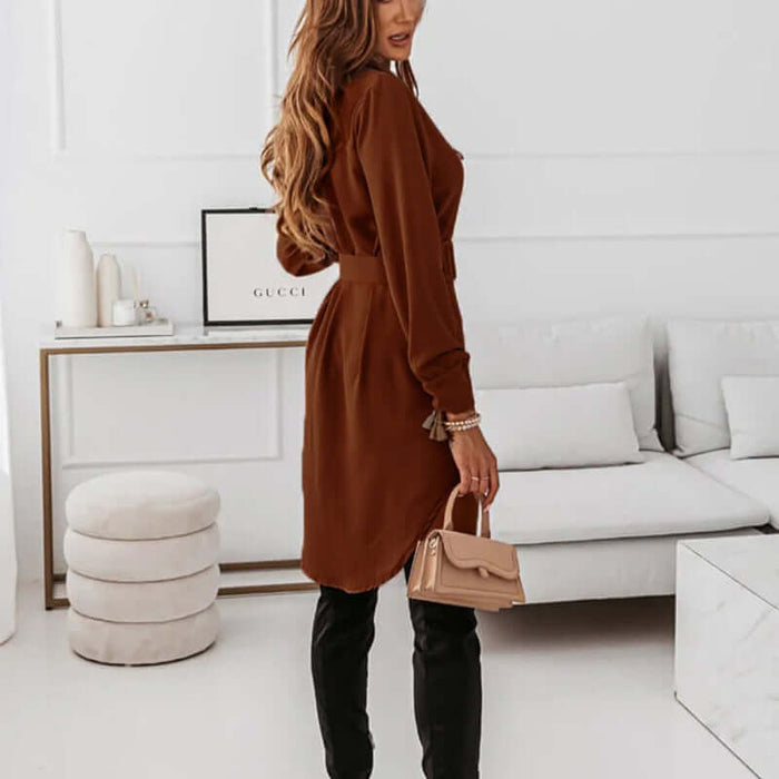Lapel Long-sleeved Dress With Belt for Women size M 100cm bust.
