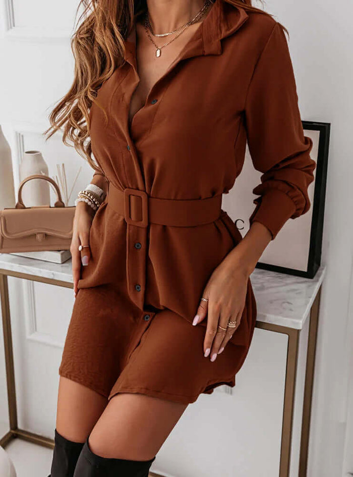 Lapel Long-sleeved Dress With Belt for Women polyester fiber fabric.
