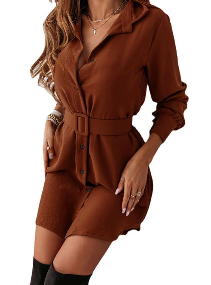 Lapel Long-sleeved Dress With Belt for Women regular long sleeve.