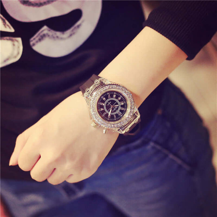 LED Luminous Watches Geneva Women Quartz Watch alloy case round shape.