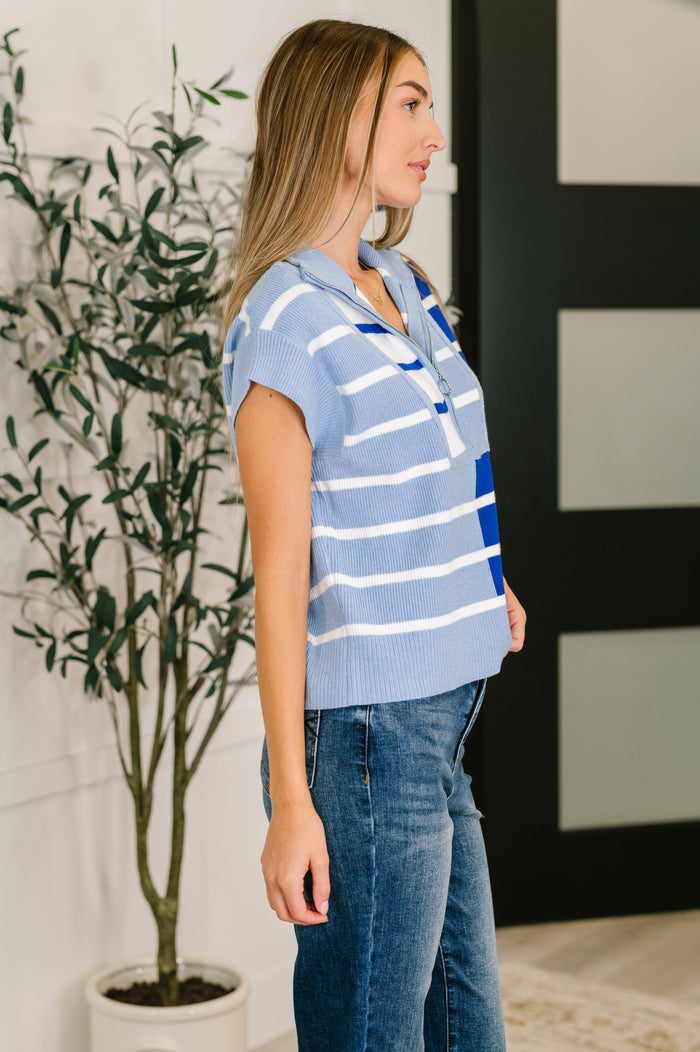 Lonely Traveler Striped Quarter Zip Vest in Blue Vest Ave Shops- Tilden Co.