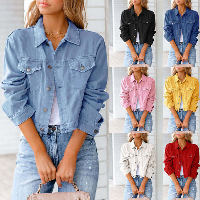 Long Sleeve Denim Jacket Casual Short Outerwear Cotton Classic Denim Style
