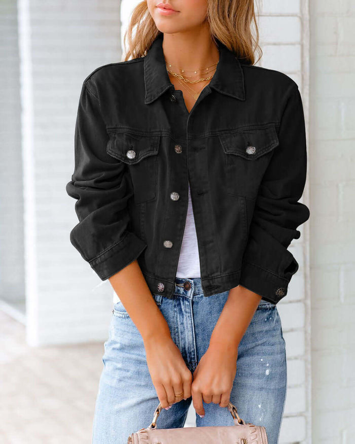 Long Sleeve Denim Jacket Casual Short Outerwear Cotton Comfortable Everyday Wear