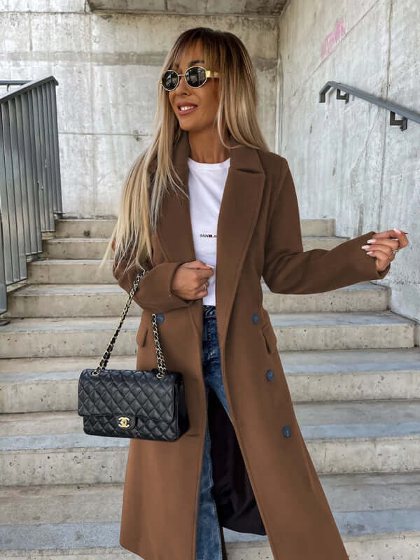 Long Sleeve Lapel Button Woolen Jacket for Women back view elegant fit