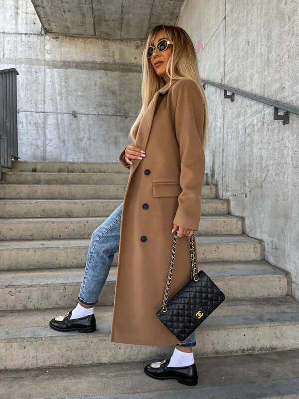 Long Sleeve Lapel Button Woolen Jacket for Women button closure detail