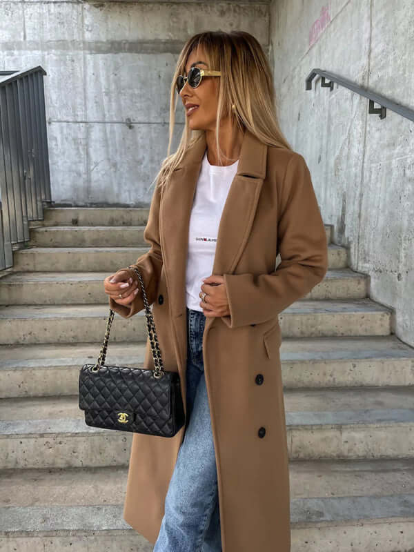 Long Sleeve Lapel Button Woolen Jacket for Women flap pocket detail