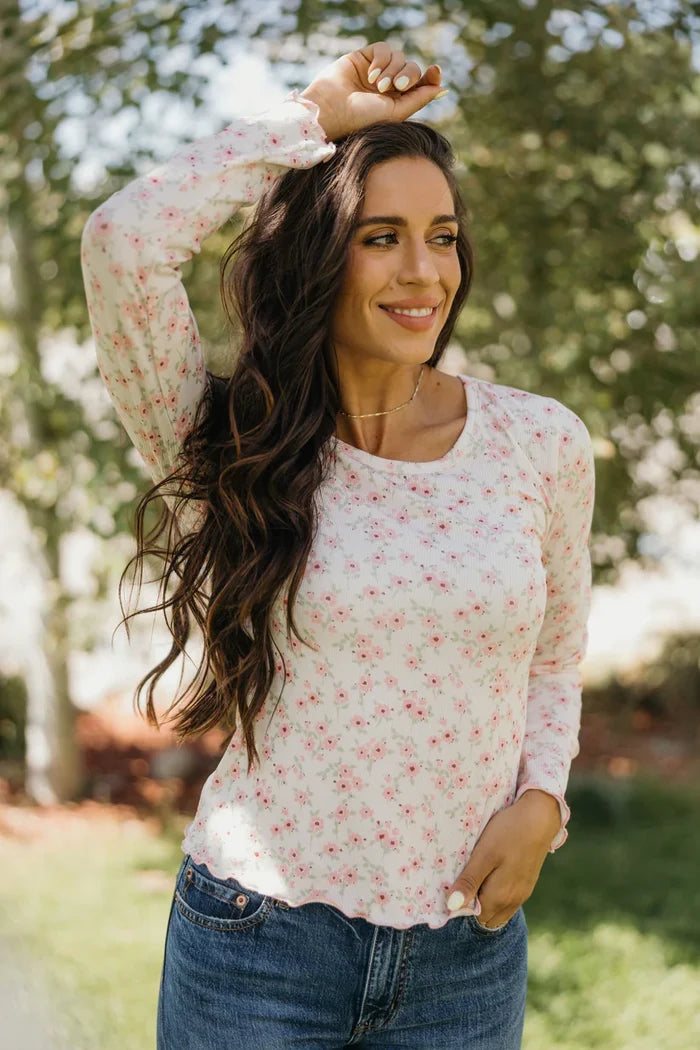 Long Sleeve Ribbed Tee in Pink Confetti Long Sleeve Top Mikarose- Tilden Co.