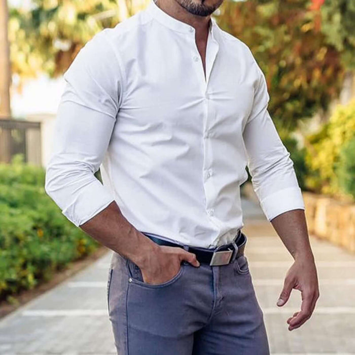 Long Sleeve Shirt Men Casual Button Down Slim Tops white color.