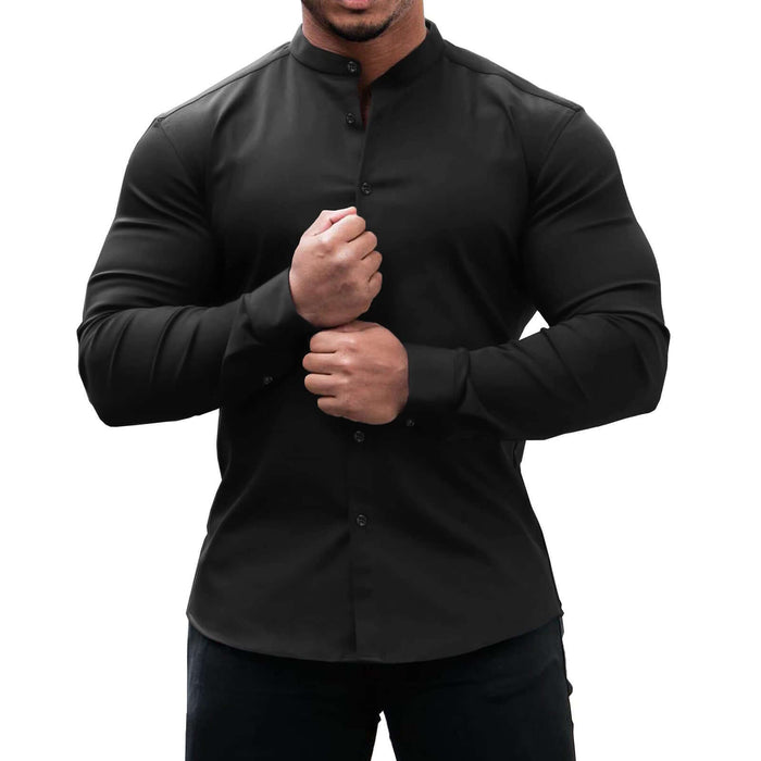 Long Sleeve Shirt Men Casual Button Down Slim Tops dark blue.