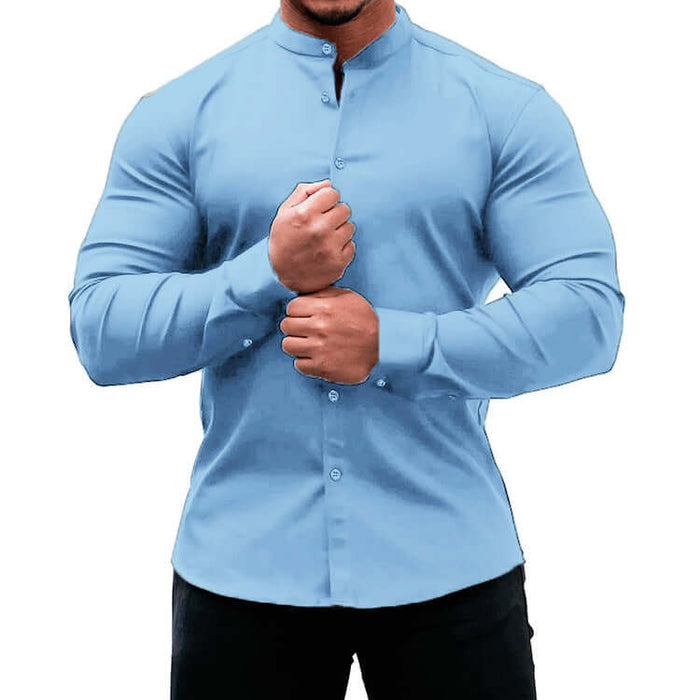 Long Sleeve Shirt Men Casual Button Down Slim Tops polyester fiber.