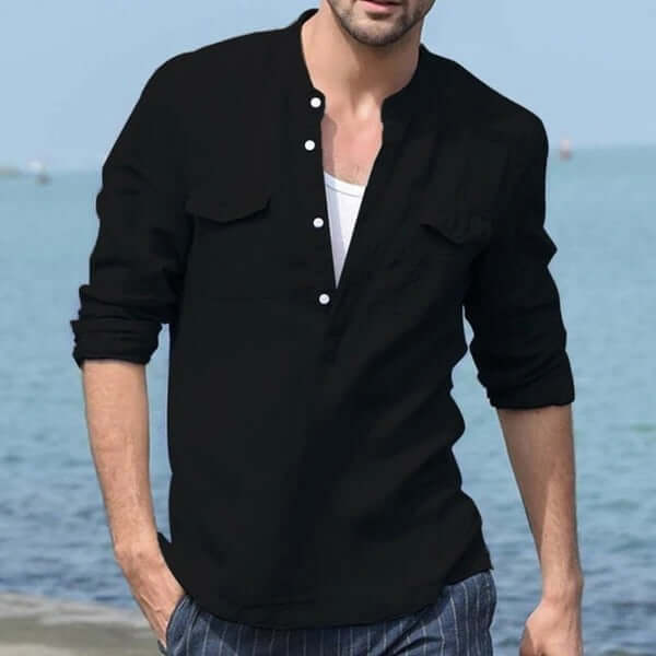 Long Sleeve Shirt Men Cotton Linen Casual Top breathable fabric.