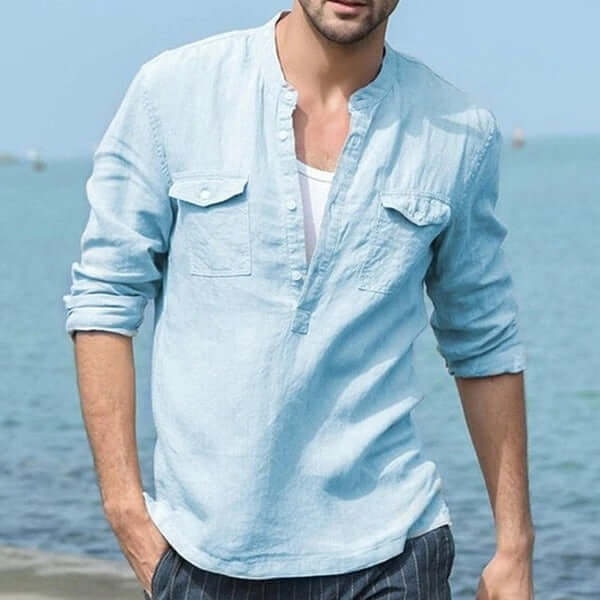 Long Sleeve Shirt Men Cotton Linen Casual Top size S bust 100cm.