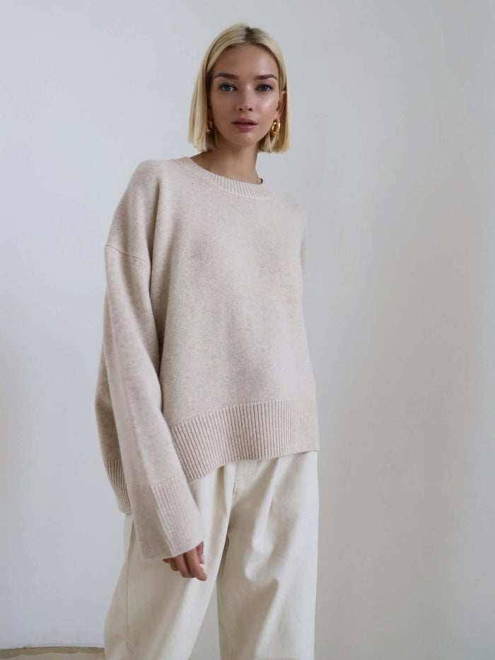 Loose Round Neck Knit Pullover Sweater for Women back view relaxed fit