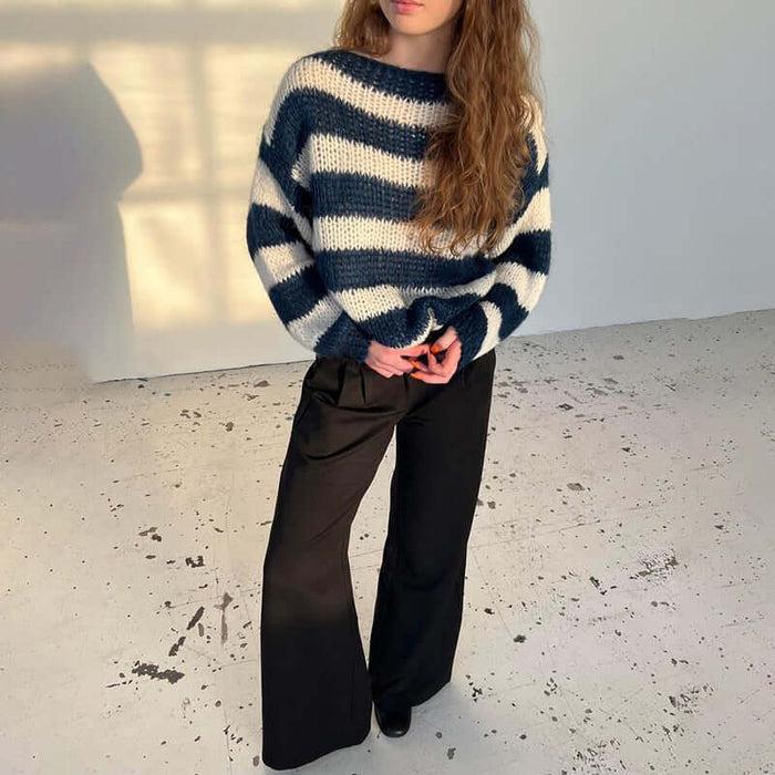 Loose Striped Pullover Sweater army green casual top.