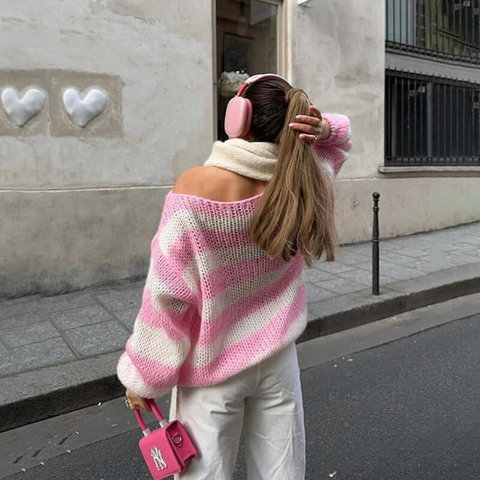 Loose Striped Pullover Sweater relaxed fit style.