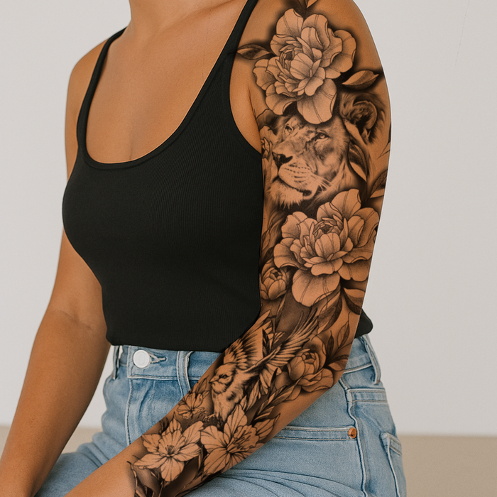 Löwe im Blütenmeer Tattoo Sleeve