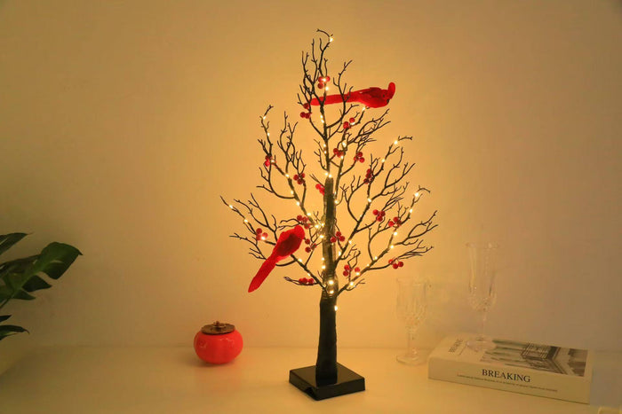 Luminous Red Bird Tree Lamp Decorative Branch Light indoor seasonal decor