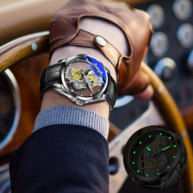 Luminous Skeleton Quartz Watch for Men hollow dial close up