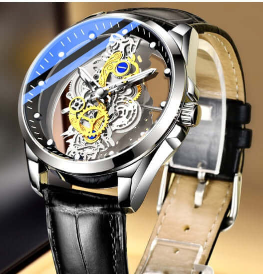 Luminous Skeleton Quartz Watch for Men stainless steel strap