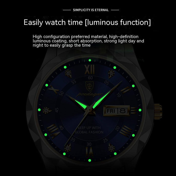 Luxury Business Quartz Watch Waterproof Calendar with luminous function for easy time reading day and night.