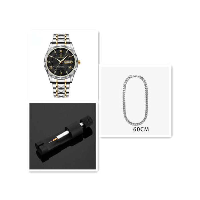 Luxury Business Quartz Watch Waterproof Calendar with black dial and gold accents, showcasing its sophisticated design and accessories.