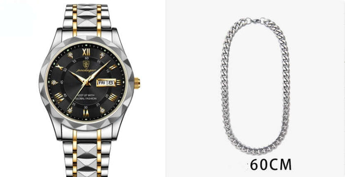 Luxury Business Quartz Watch Waterproof Calendar with a sleek silver and gold design.