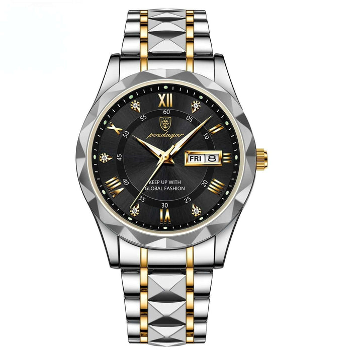 Luxury Business Quartz Watch Waterproof Calendar with stainless steel strap and black dial.