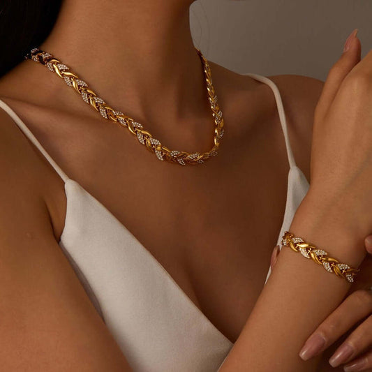 Luxury Fish Tail Diamond Necklace & Bracelet Set worn elegantly on model, featuring intricate diamond detailing.
