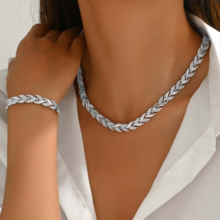Luxury Fish Tail Diamond Necklace & Bracelet Set worn by a model showcasing elegant jewelry.