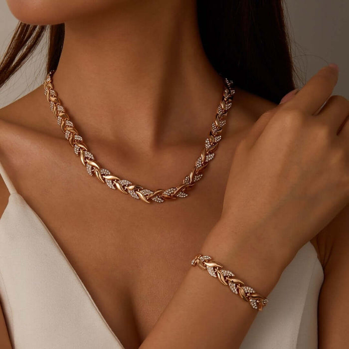 Luxury Fish Tail Diamond Necklace & Bracelet Set worn by a model, showcasing elegant design and sparkle.