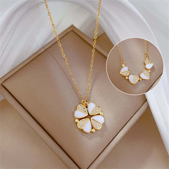 Luxury Four Leaf Clover Pendant Necklace Stainless Steel Crystal Heart Jewelry For Women Gift front view gold.