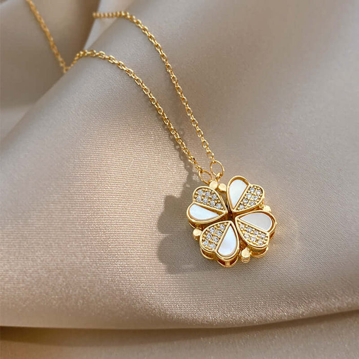 Luxury Four Leaf Clover Pendant Necklace Stainless Steel Crystal Heart Jewelry For Women Gift 41cm to 50cm perimeter.
