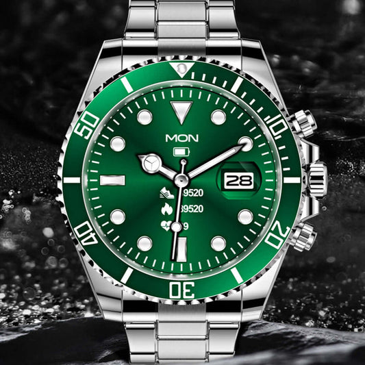 Luxury Green Water Ghost Smartwatch for Men - Waterproof stainless steel design with green face and date display.