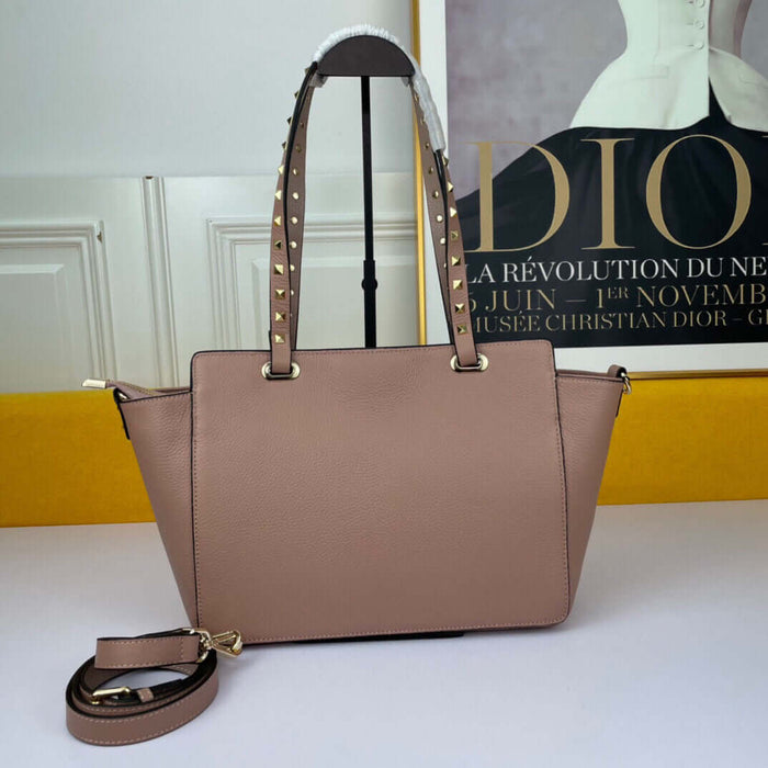 Lychee Grain Leather Rivet Triangle Lock Tote Bag Elegant Textured Design